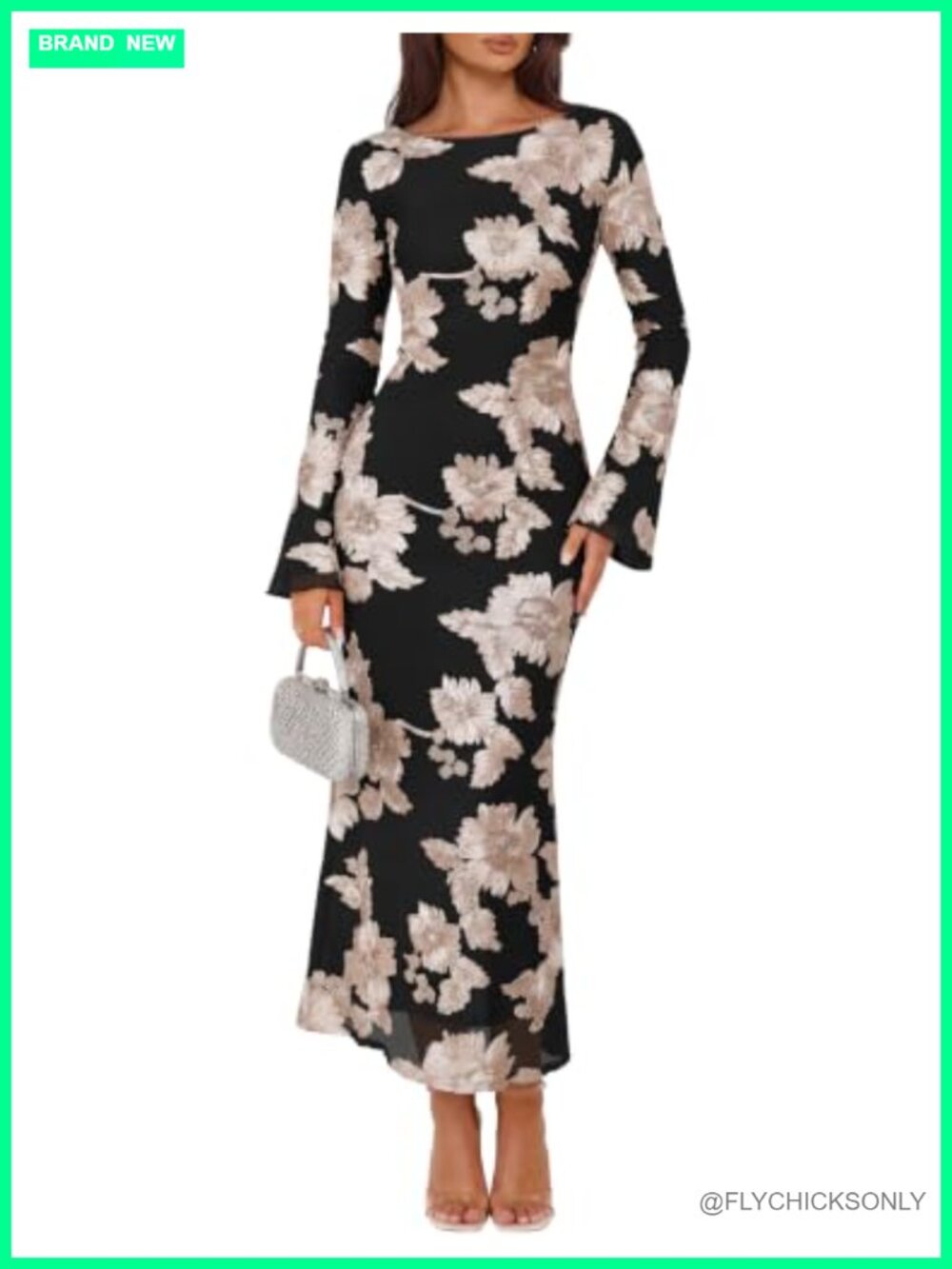 Women Long Sleeve Midi Wedding Guest Dress Bodycon Mesh Formal
